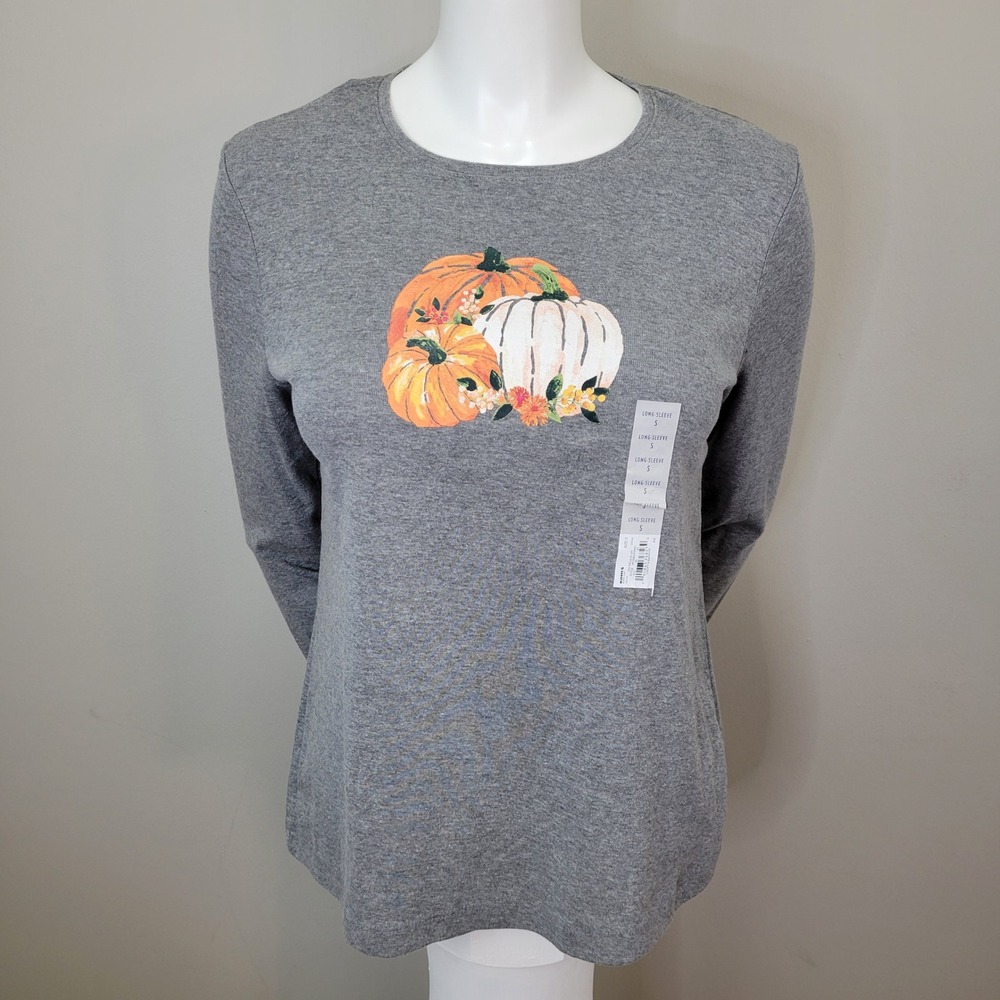Croft & Barrow Fall Pumpkin‎ Long Sleeve Halloween Thanksgiving T-Shirt Sz Small